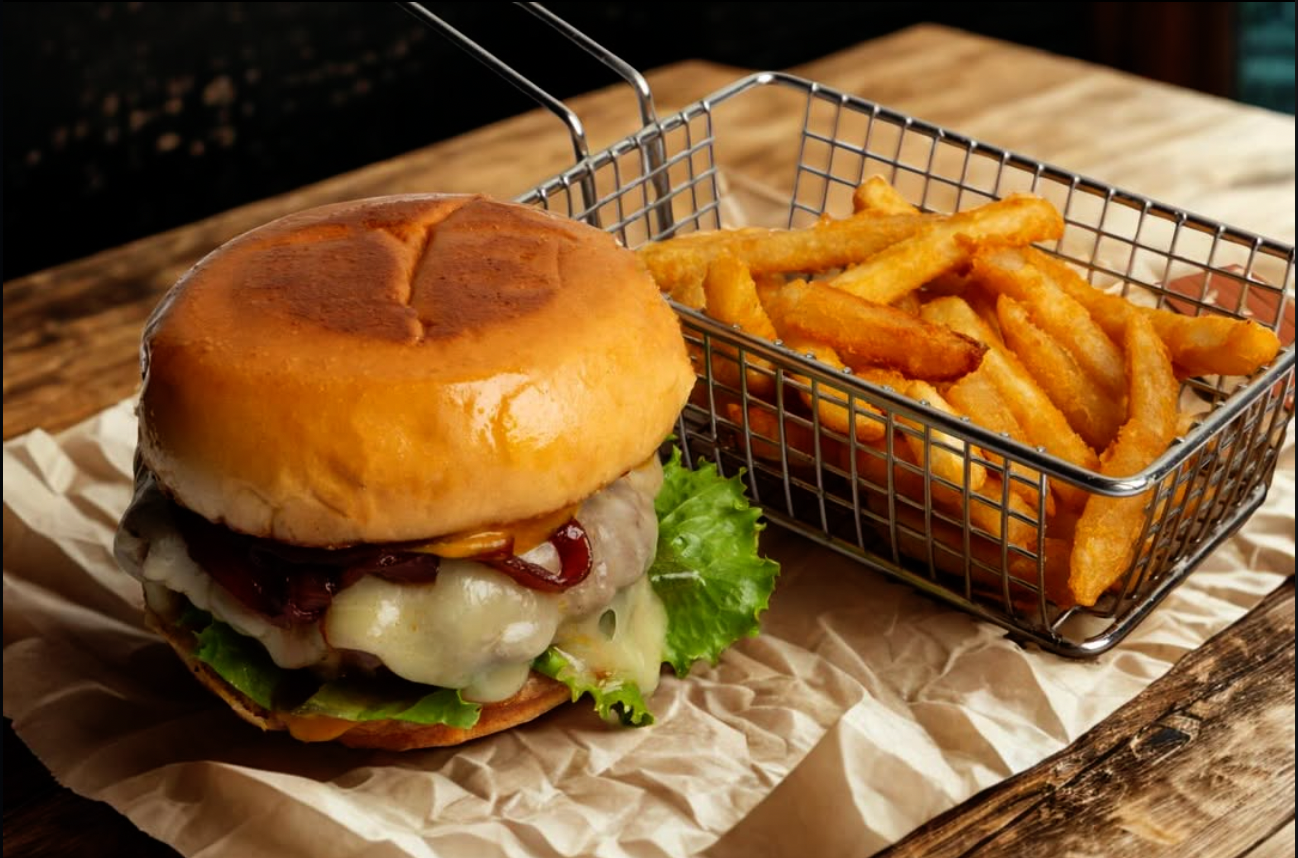 Hamburguesa artesanal con papas fritas.